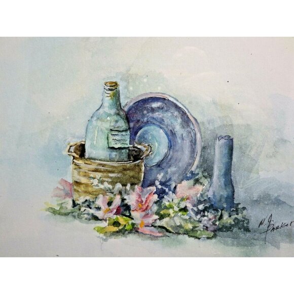 N J Parker Watercolor Print Signed Framed Matted Floral Wine Bucket Pastel - Picture 2 of 6